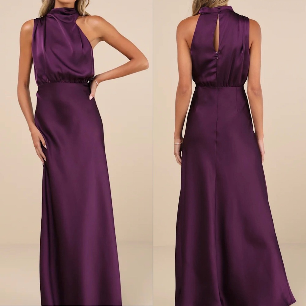 NWT Lulus Size XS Distinctive Charm Dark Purple Satin Asymmetrical Maxi Dress